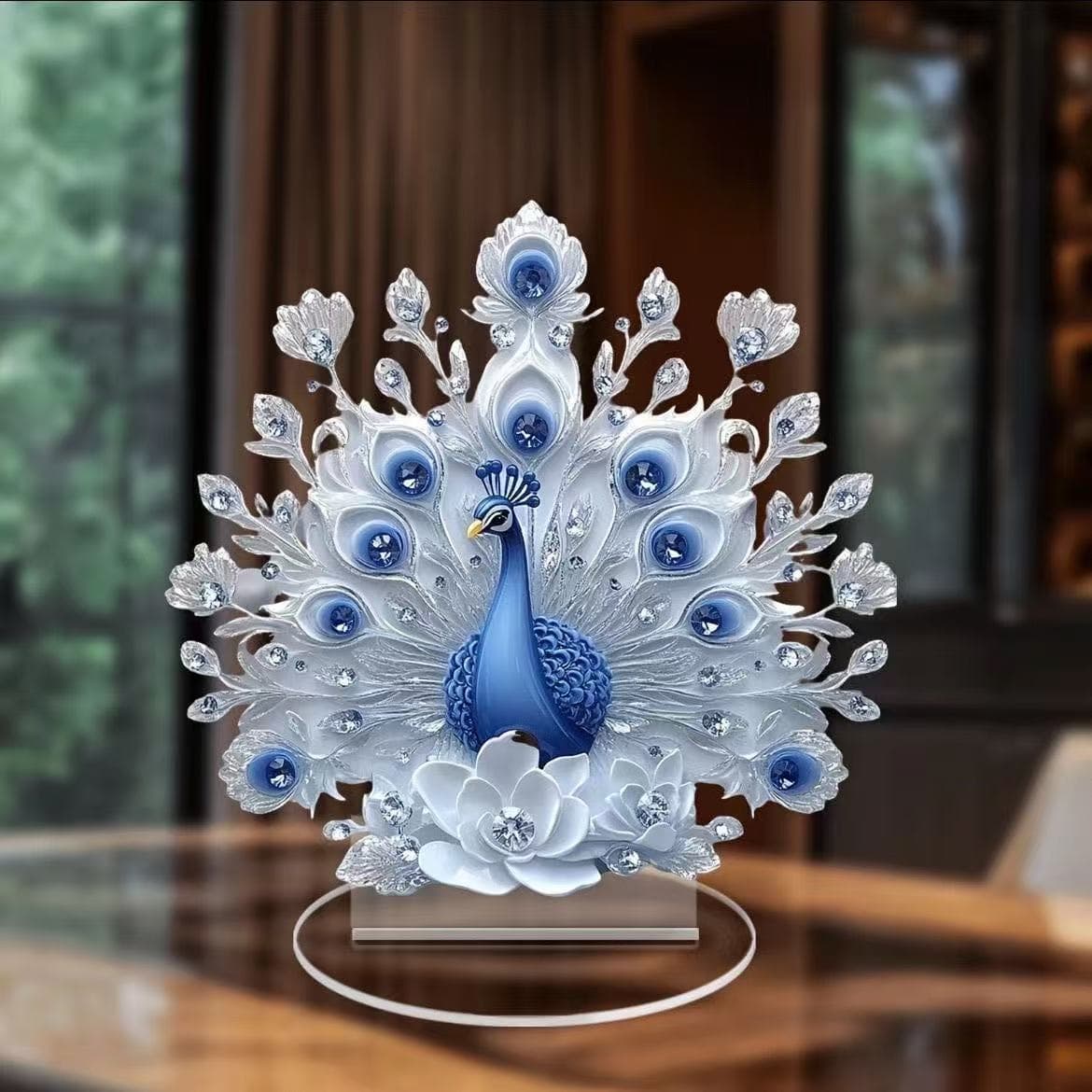 Cross-border animal series 2D white and blue peacock spreading screen desktop ornaments home living room study decoration gifts 2