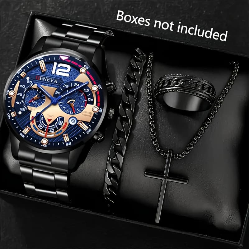 Set, men's watch, men's glass quartz steel belt, swiss watch, direct factory sales, high-quality style 4