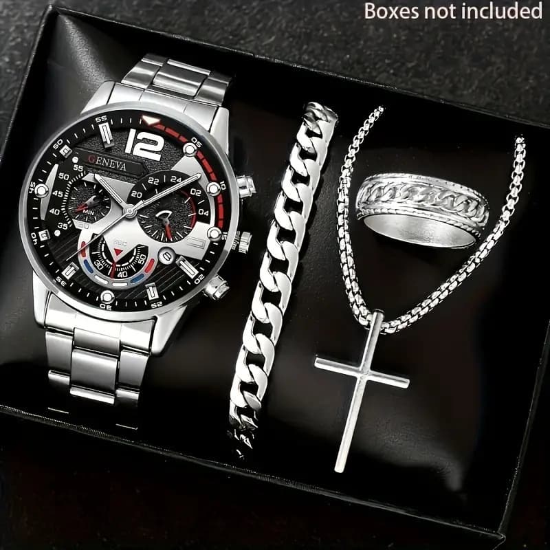 Set, men's watch, men's glass quartz steel belt, swiss watch, direct factory sales, high-quality style