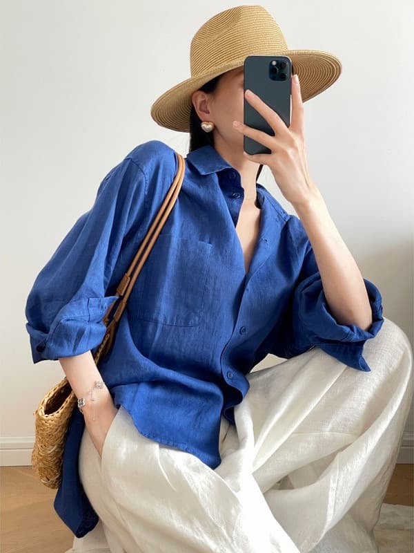 ROW home original order good product~Klein blue linen long-sleeved shirt for women in spring and summer loose lazy style high-end top 1