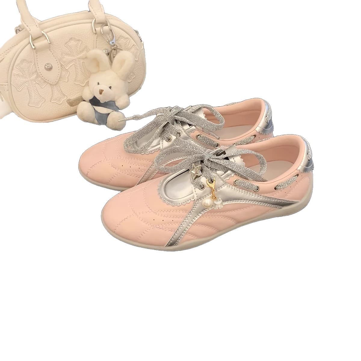 GAT shoes made of sheepskin leather platform with shoelaces, two-tone casual footwear for leisure, sneakers, decorated with pearls, increase height by 5 cm, balletcore style, round toe 5