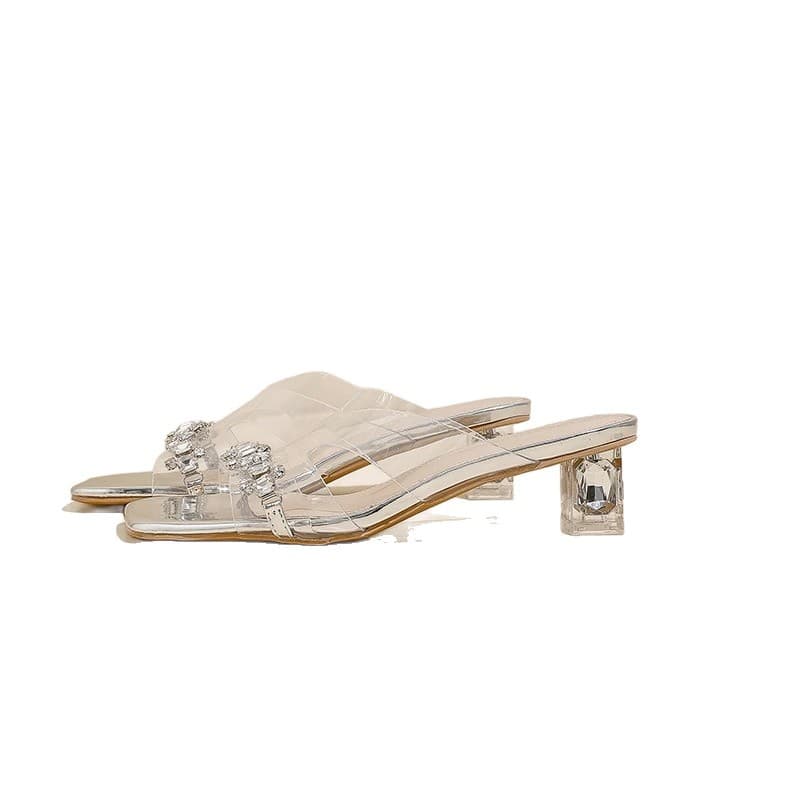 Sheepskin version in stock~Silver transparent high-heeled sandals for women 2026 summer new thick heel rhinestone open toe sandals 5