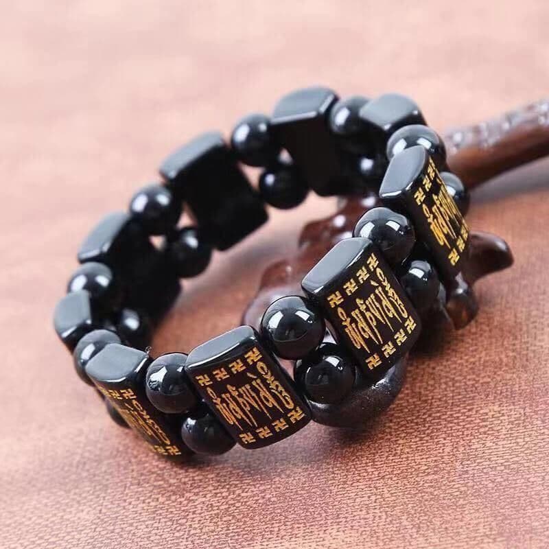 New imitation obsidian six-character mantra bracelet double row hand plate gold-plated pattern men's square card popular jewelry bracelet 2