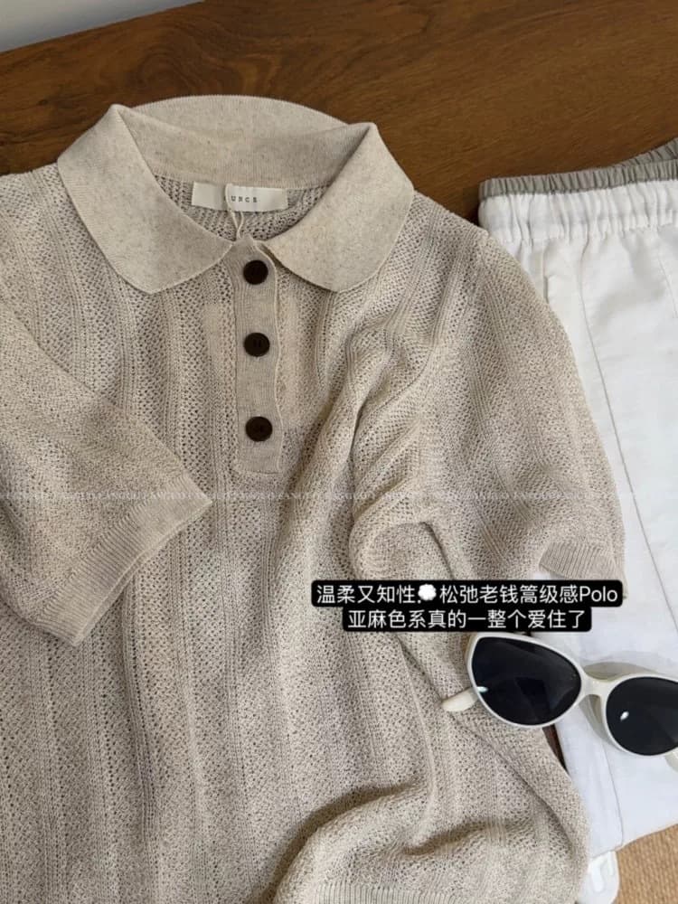 Knitted sweater, high-quality style, polo collar, with short sleeve