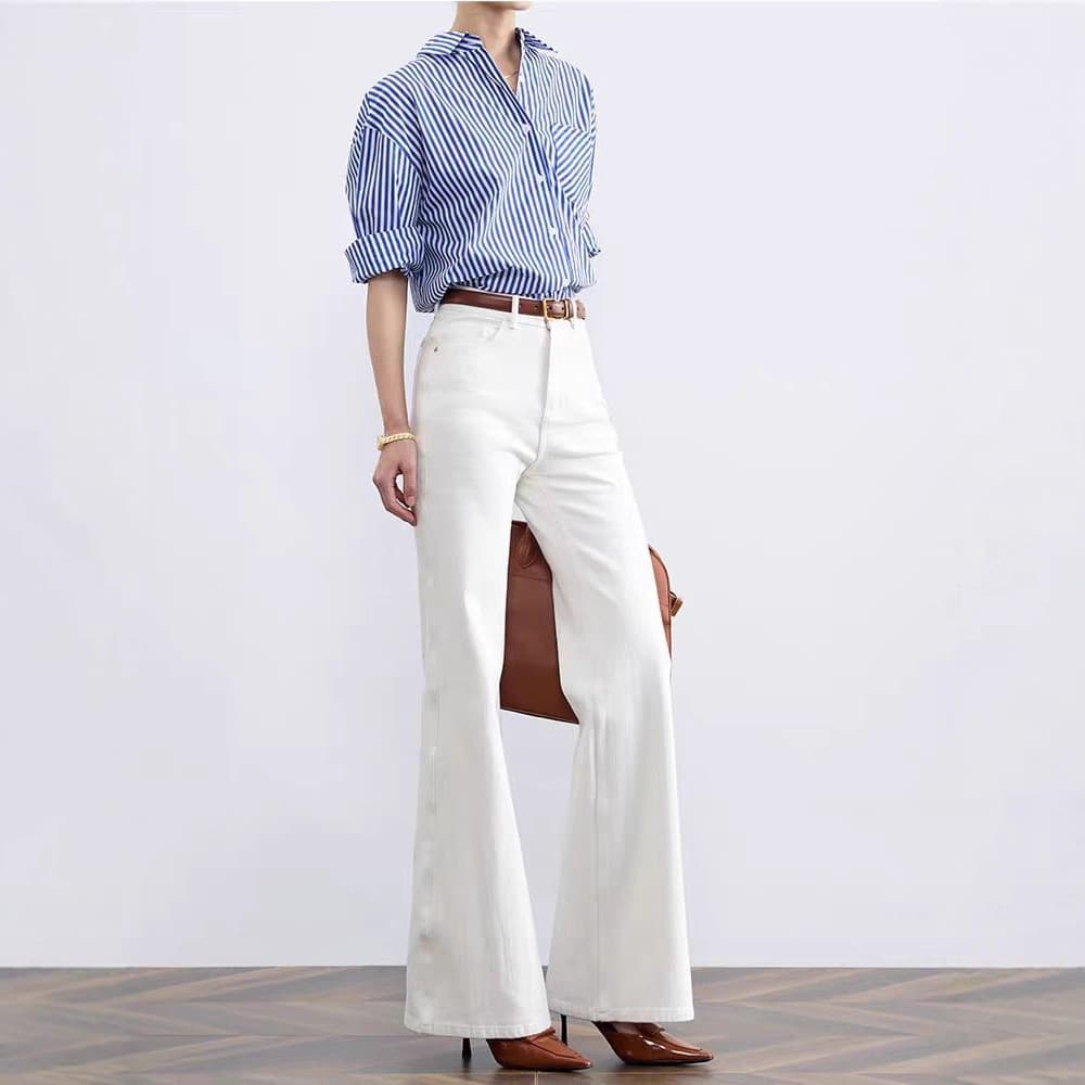 White trousers, colored jeans, high-quality style, high waist, loose straight fit