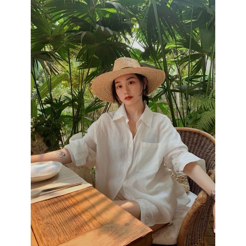Summer universal minimalistic shirt, set, sun protection, cotton and linen 1