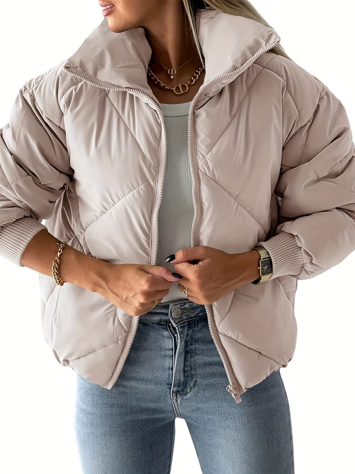 Women's Quilted Cropped Puffer Jacket Lightweight Warm Full 2