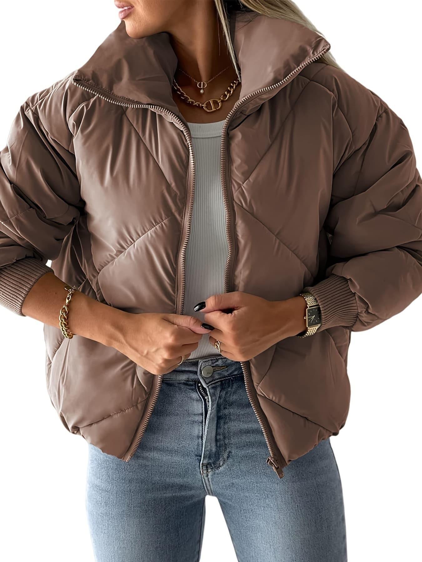 Women's Quilted Cropped Puffer Jacket Lightweight Warm Full 3