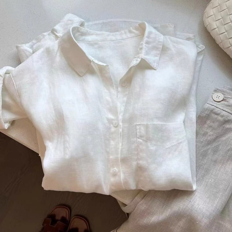 White summer thin shirt, elite long-sleeve, oversize, loose fit, cotton and linen, sun protection 3