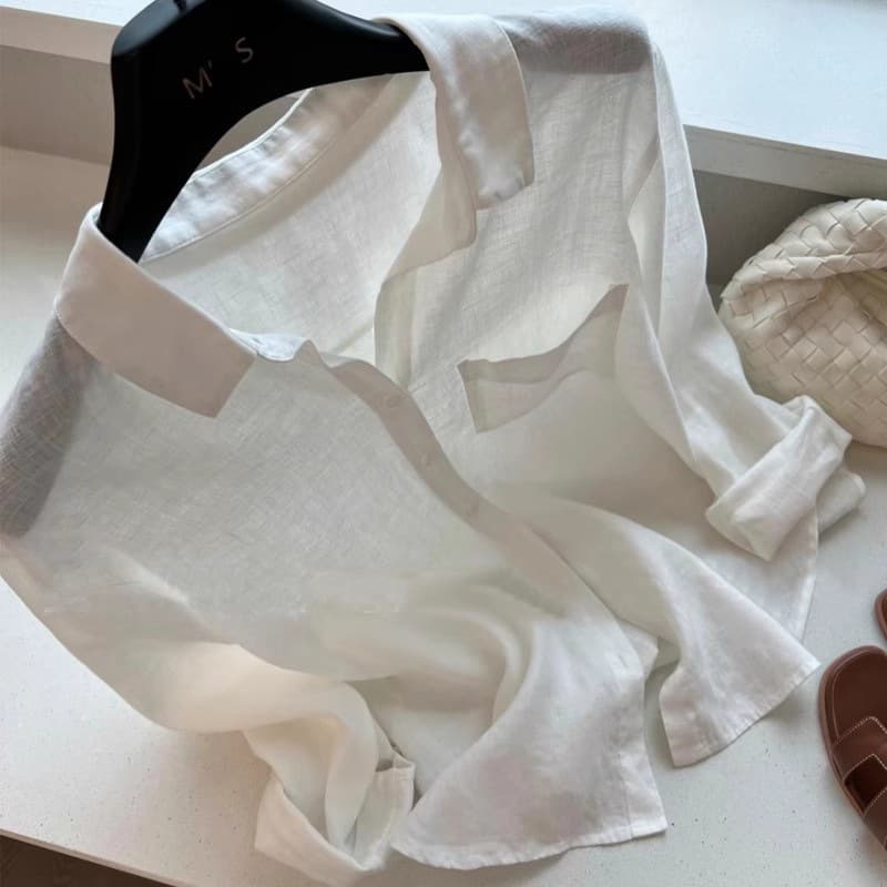 White summer thin shirt, elite long-sleeve, oversize, loose fit, cotton and linen, sun protection 4
