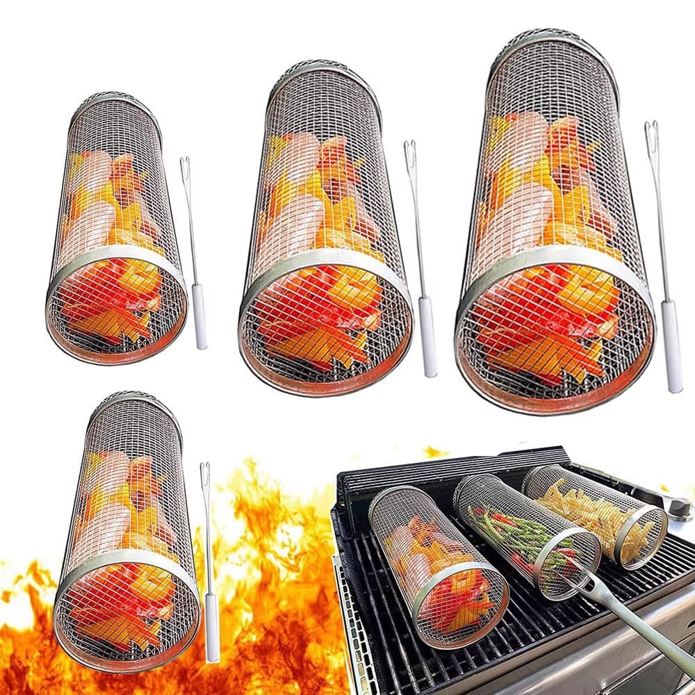 Cylindrical rotating barbecue cage with wooden handle, outdoor picnic BBQ grill net, stainless steel portable rolling barbecue grill 3