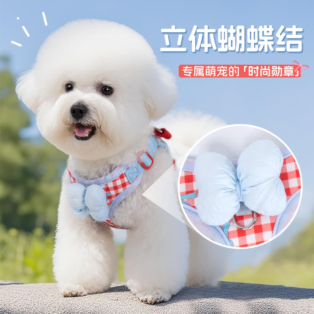 New dog leash bow dog chest and back plaid Korean outdoor dog walking Bichon Teddy dog leash 2