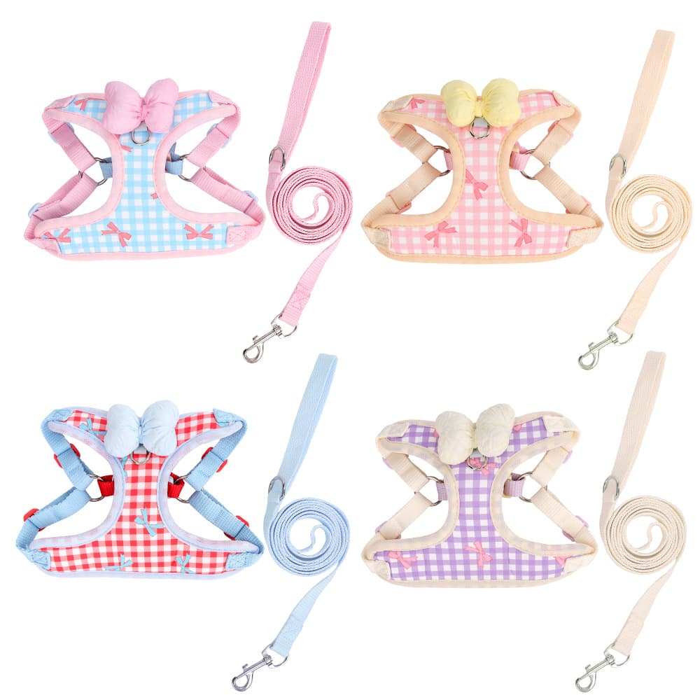 New dog leash bow dog chest and back plaid Korean outdoor dog walking Bichon Teddy dog leash 5
