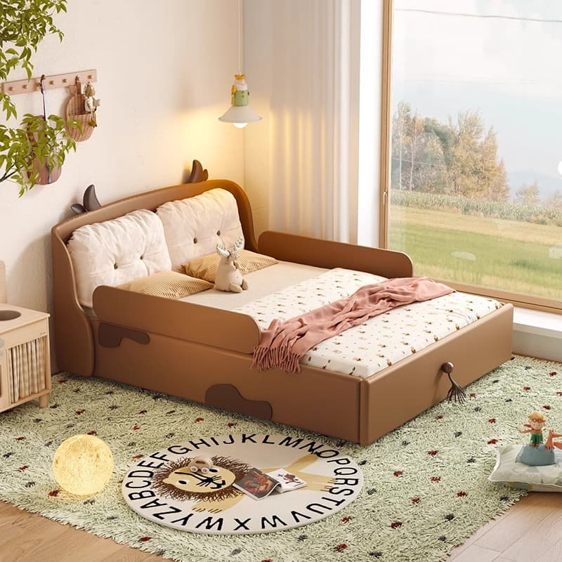 Niuniu platform bed solid wood cream style children's bed with guardrail boy single bed little girl's bedroom sleeping island 1