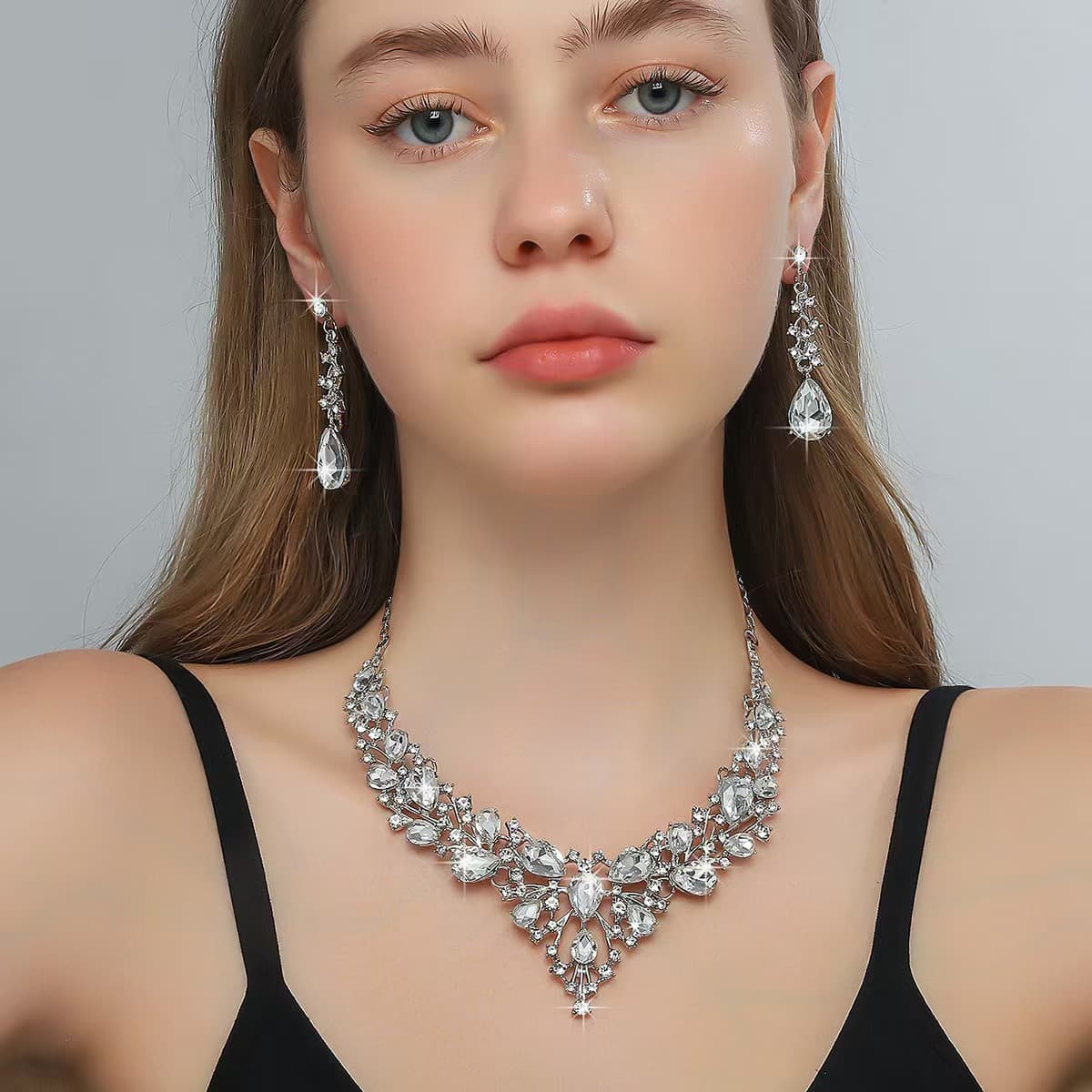 (Cross-border trading), fashionable necklace and earrings for bride, jewelry, set, city style, light luxury style 4