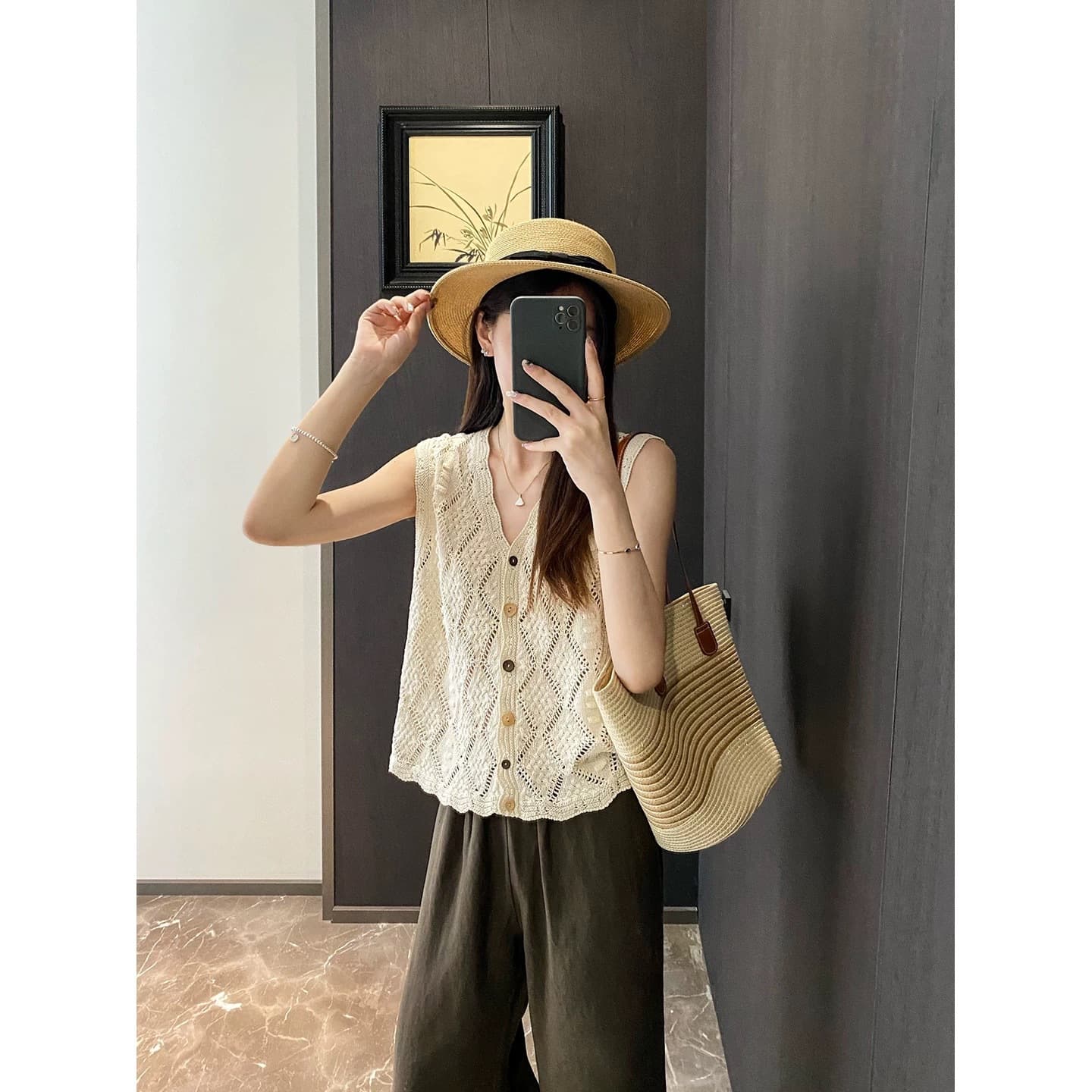 Old money style Japanese paper yarn crocheted hollow vest linen sleeveless sweater cardigan top women's outer wear summer 5