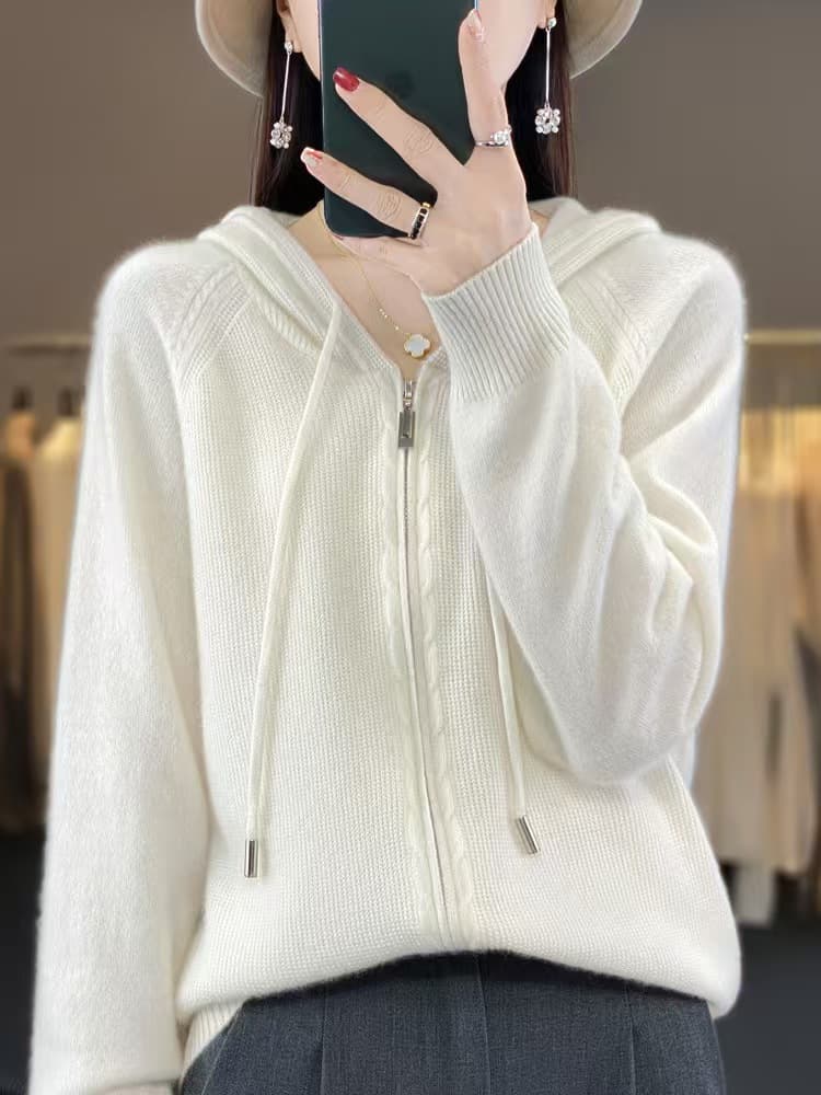 Demi-season knitted sweater, cardigan, woolen hoodie with zipper, jacket with hood, Korean style 4