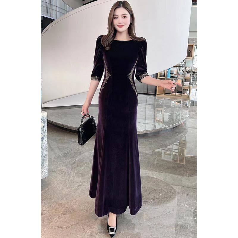 Fitted long dress, demi-season burgundy colored long-sleeve, graduation party 4