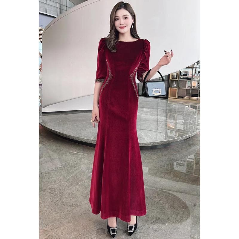 Fitted long dress, demi-season burgundy colored long-sleeve, graduation party 1