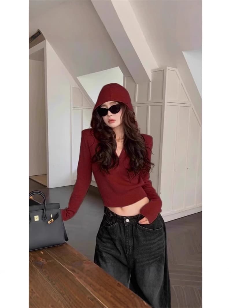 Red knitted short sweater with hood, design sweatshirt, slim fit, trend of season