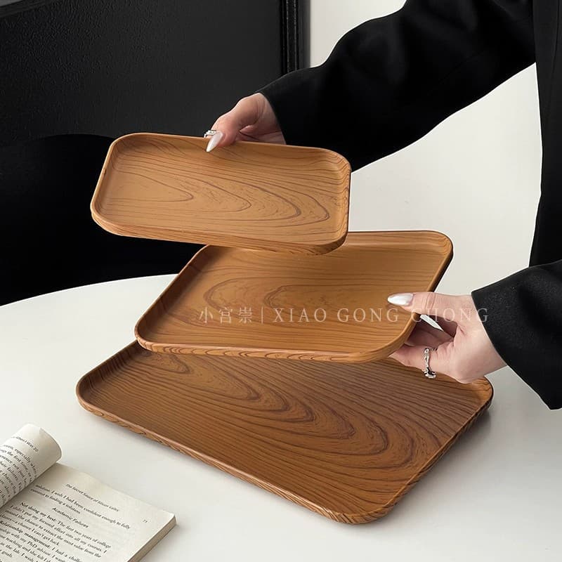 Ins style imitation wood grain plastic tray rectangular tea tray dinner plate cafe dessert plate cake plate dessert plate 3