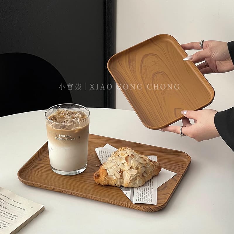 Ins style imitation wood grain plastic tray rectangular tea tray dinner plate cafe dessert plate cake plate dessert plate 4