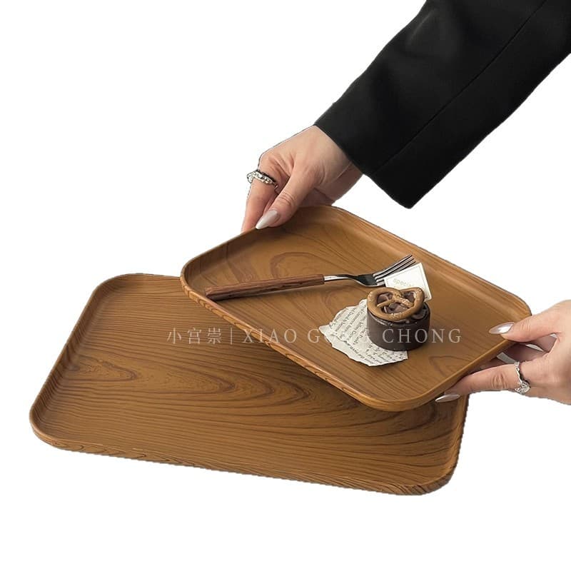 Ins style imitation wood grain plastic tray rectangular tea tray dinner plate cafe dessert plate cake plate dessert plate 5