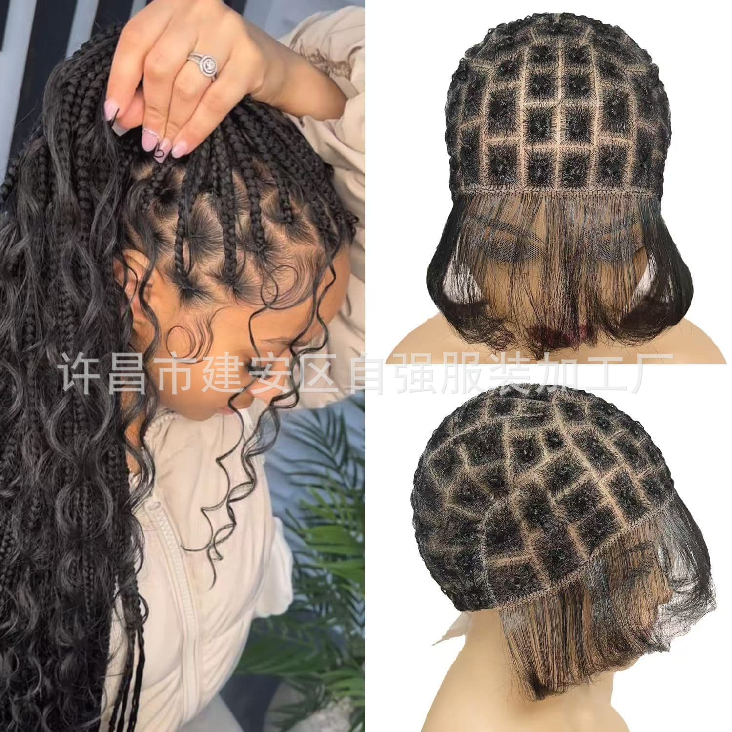 Manufacturer wholesale wig full lace curly hand-woven hair Braided Cap with Baby Hair short hair 1