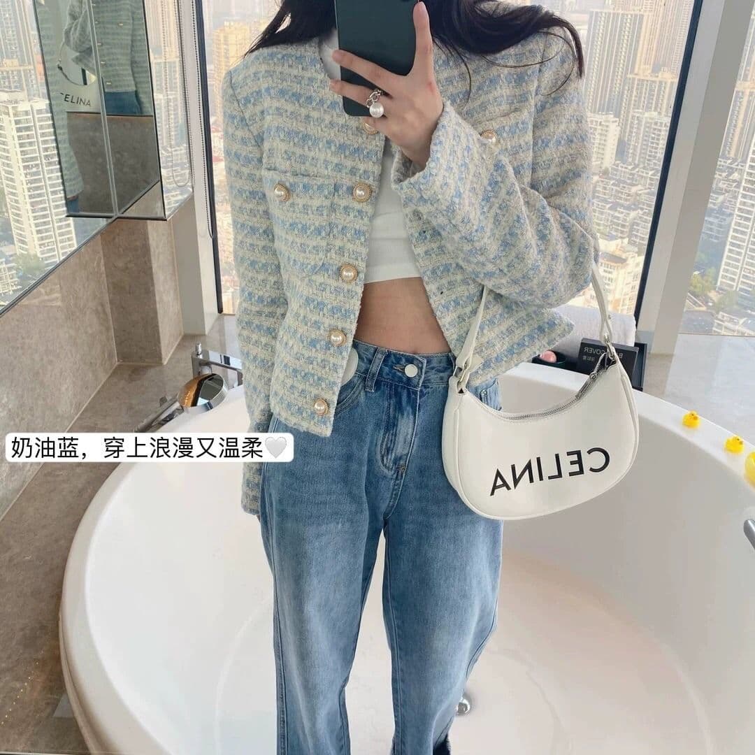 Long-sleeve with a round collar, blue autumn demi-season jacket, woven suit, Chanel style 3