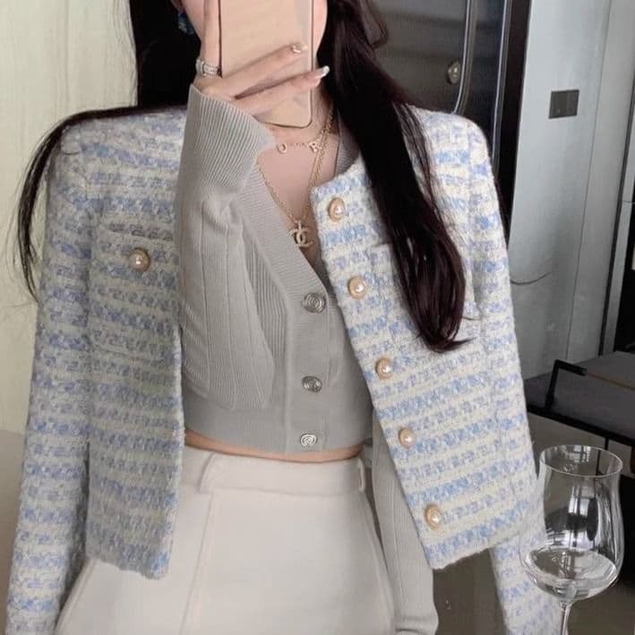 Long-sleeve with a round collar, blue autumn demi-season jacket, woven suit, Chanel style 4