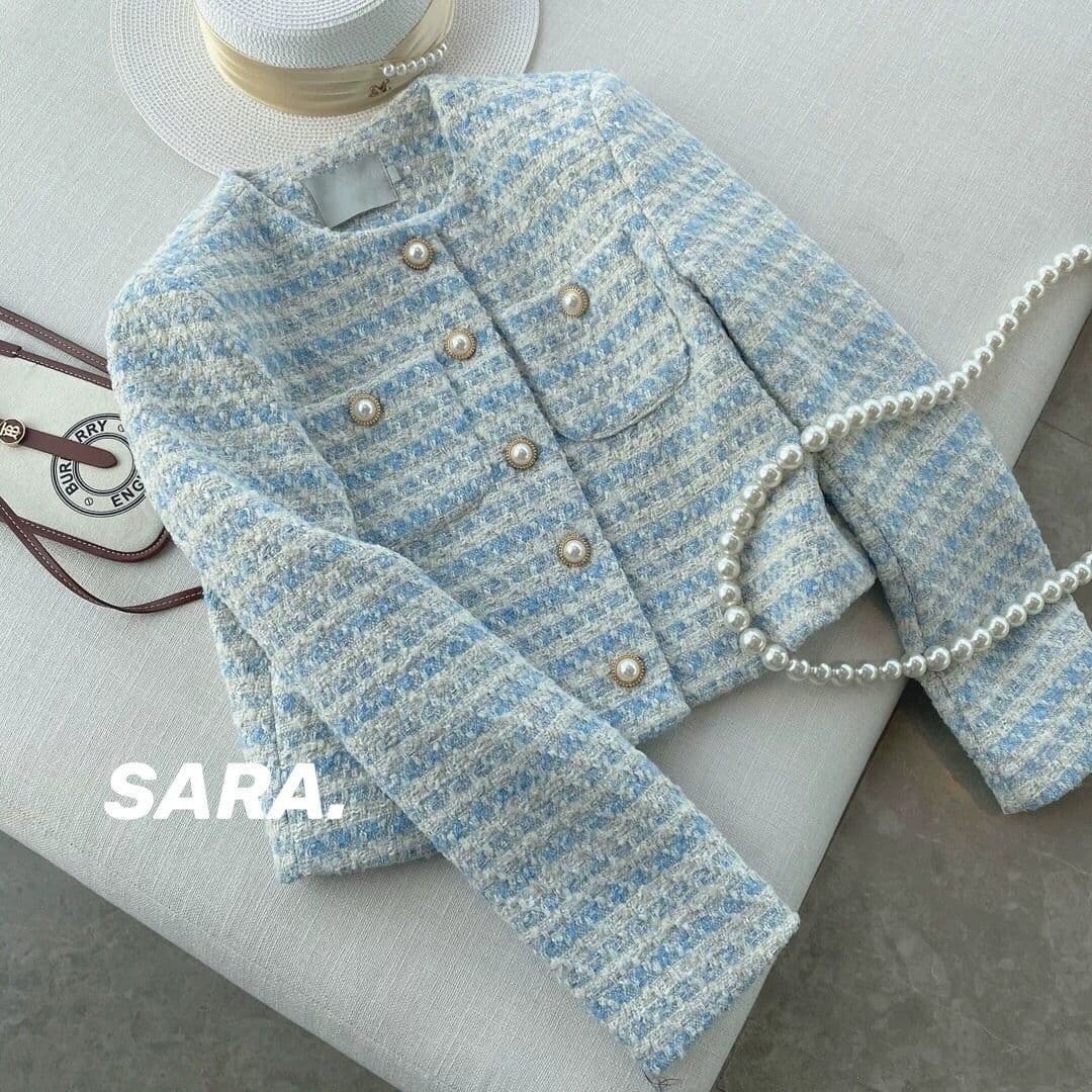 Long-sleeve with a round collar, blue autumn demi-season jacket, woven suit, Chanel style 5
