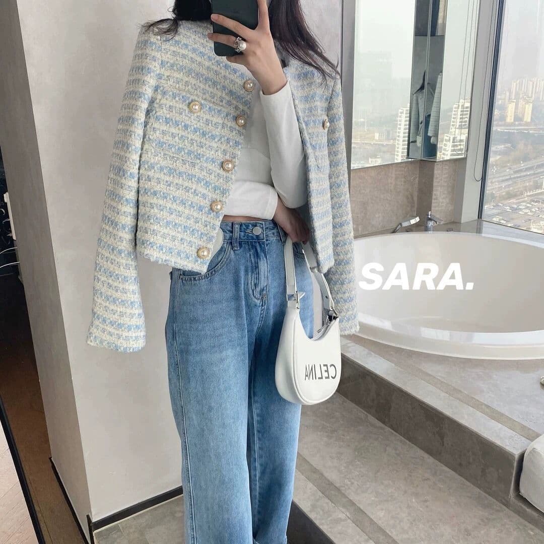 Long-sleeve with a round collar, blue autumn demi-season jacket, woven suit, Chanel style 1