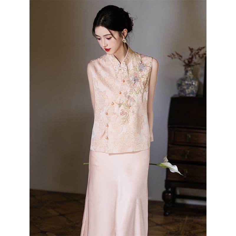 Fuchsia wedding dress, evening dress, cheongsam, set for bride, Chinese style 4