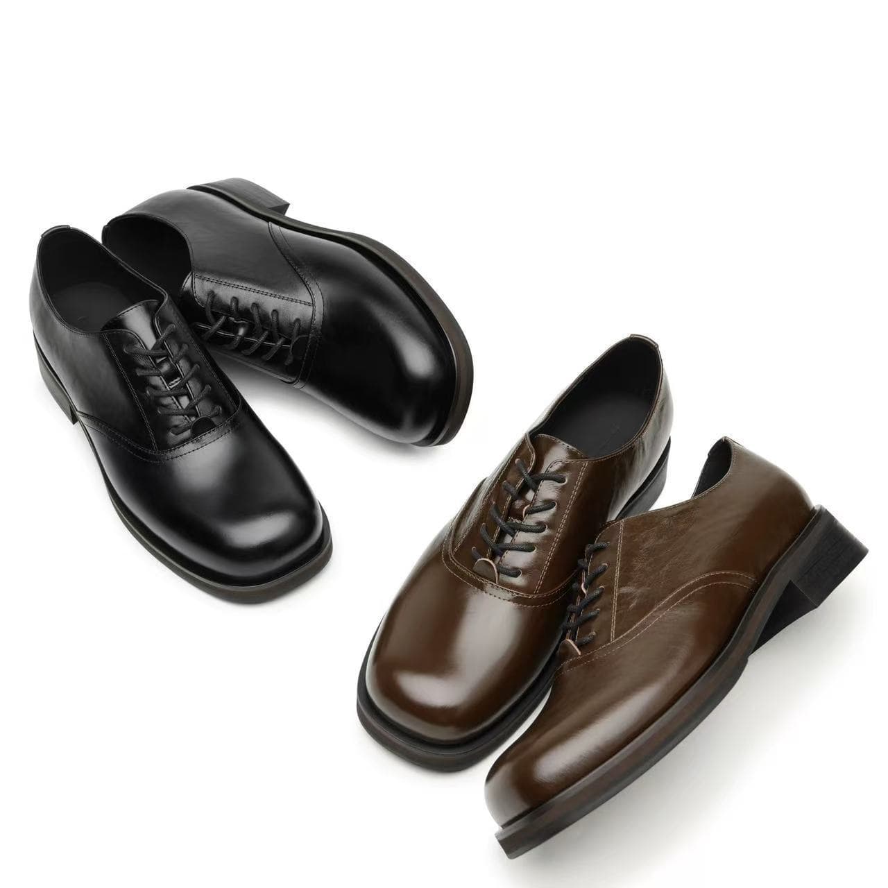 Black brown square toe shoes old money style unisex niche style retro formal commuter derby shoes direct sale 2