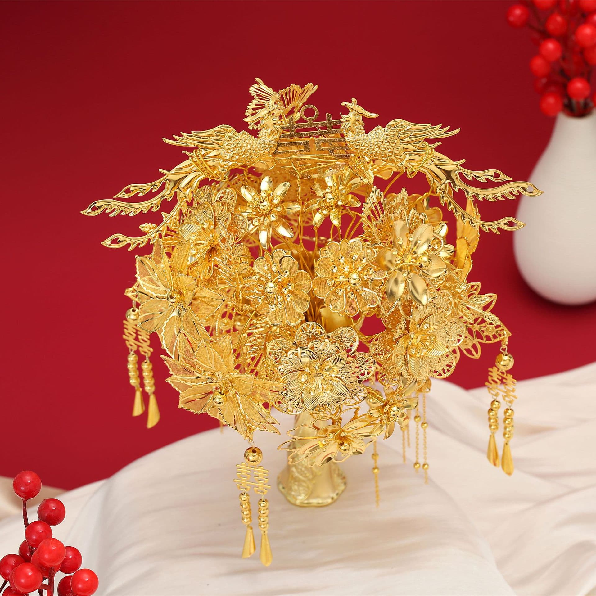 New colorful golden bouquet DIY high-end material Chinese wedding bride newlywed Xiuhe cheongsam best friend 2