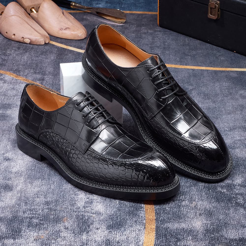 High-end quality men's shoes British style men's leather shoes black genuine cowhide crocodile pattern formal derby shoes thick soles