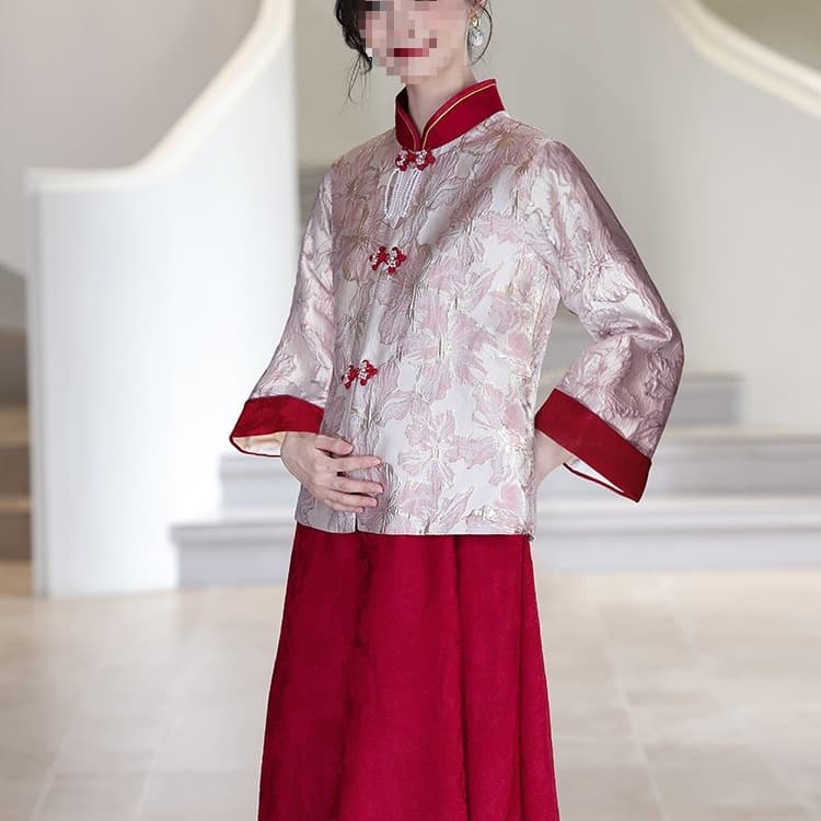 Red cheongsam for pregnant, set, evening dress, long-sleeve, Chinese style, plus size 2