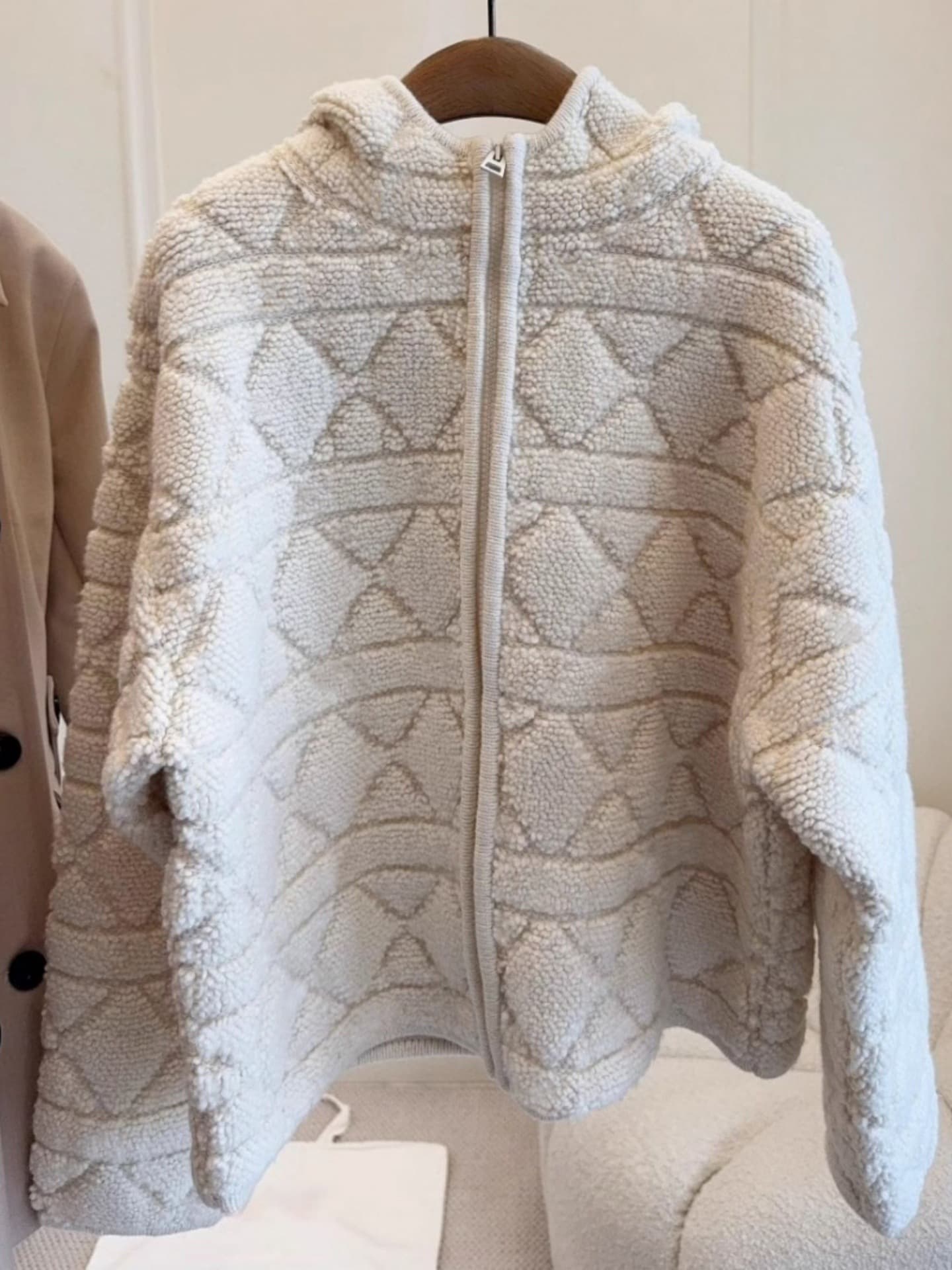 Demi-season classic beige woolen cardigan with zipper with hood, jacket 3
