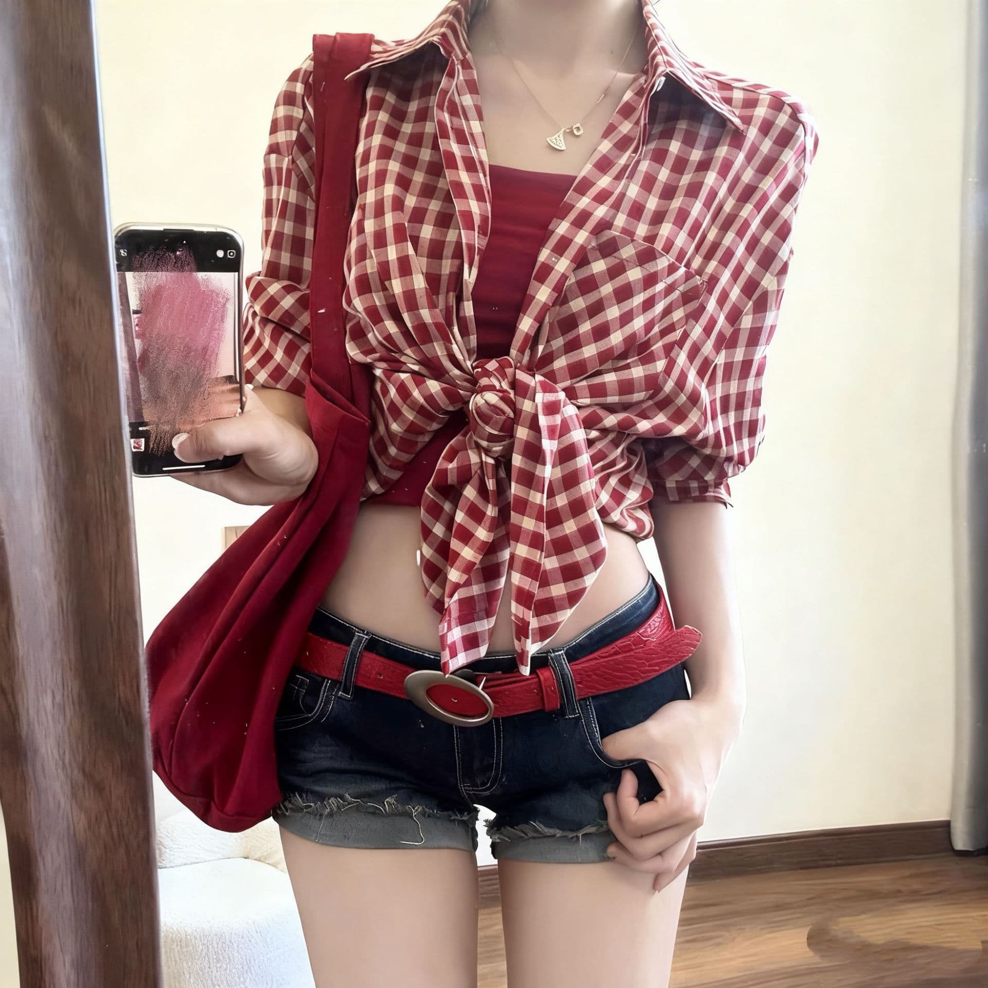 Red retro belt, accessory, jeans, trousers, American style, 2 carat, high-quality style 2