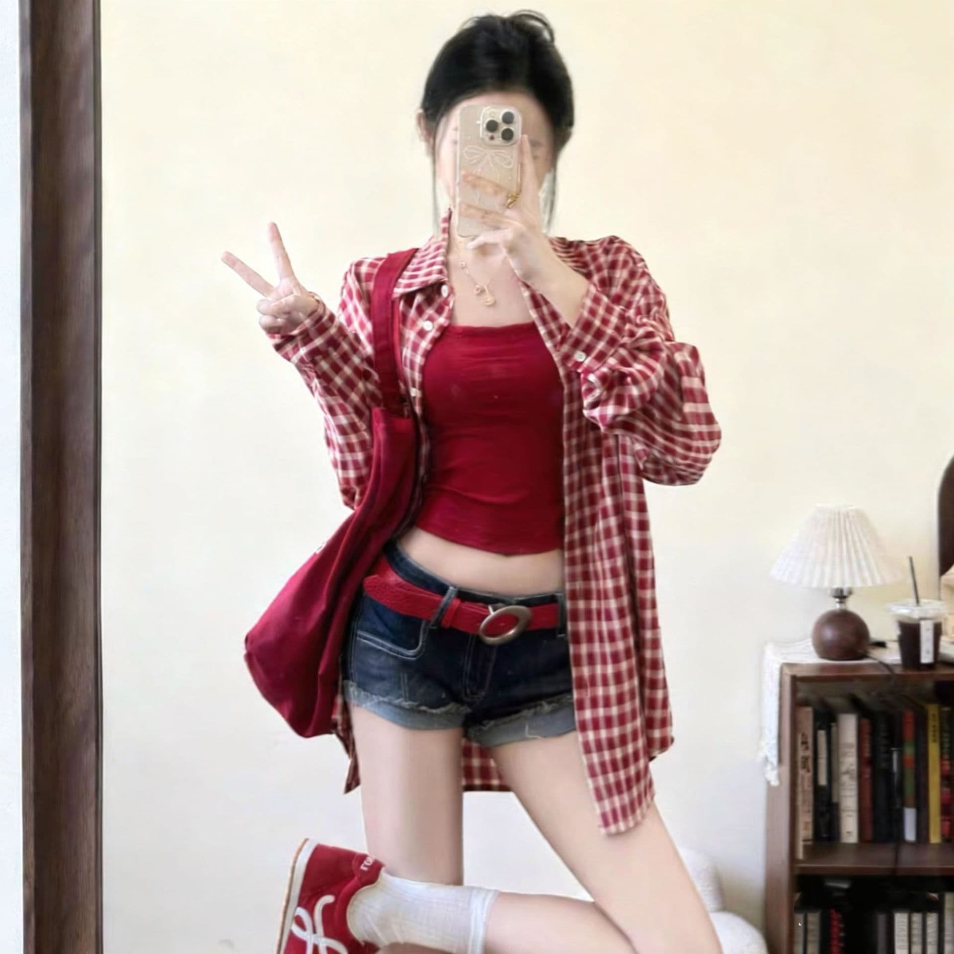 Red retro belt, accessory, jeans, trousers, American style, 2 carat, high-quality style 3