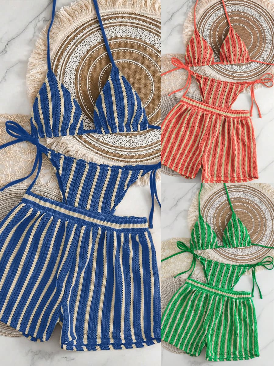 (Cross-border trading), knitted split trousers, sexy woven swimwear, set, boho style, 3 piece set 1