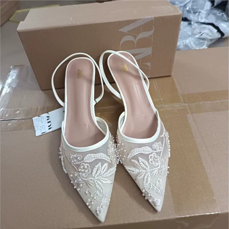 ZA Autumn white high-heeled shoes, sandals low-cut, Spain, 2025 years, with embroidery 2
