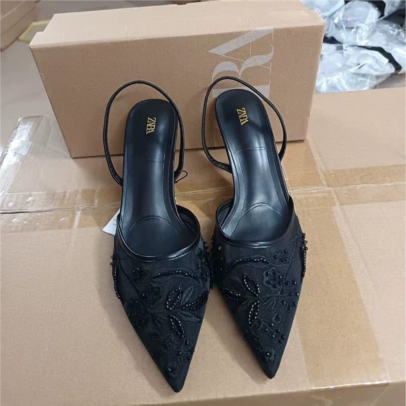 ZA Autumn white high-heeled shoes, sandals low-cut, Spain, 2025 years, with embroidery 3