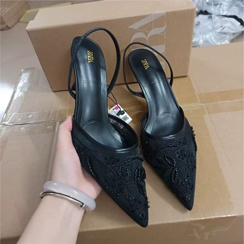 ZA Autumn white high-heeled shoes, sandals low-cut, Spain, 2025 years, with embroidery 4