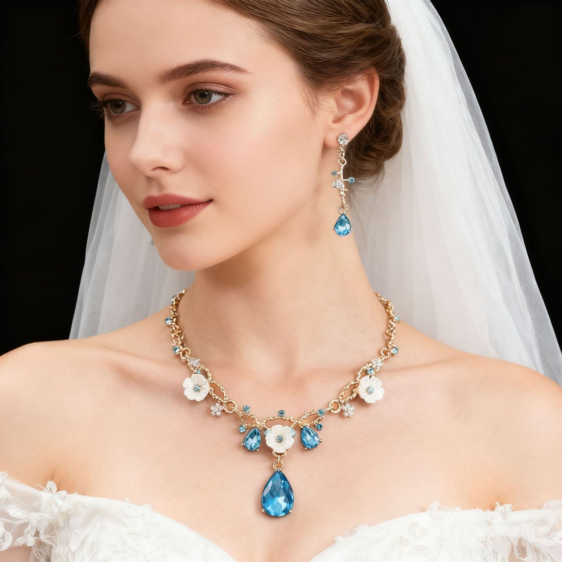 (Cross-border trading), metal necklace for bride, earrings, jewelry, wedding dress, accessory, flowered, light luxury style 2
