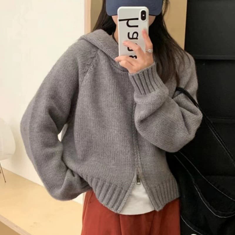 Demi-season hoody, sweater, design jacket, solid color knitted cardigan with zipper, Korean style, trend of season 3