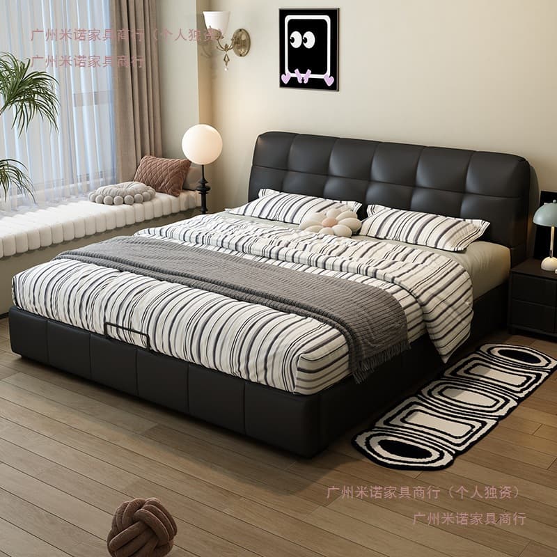 Modern simple Italian black puff bed leather small apartment storage bed double bed wedding bed leather art bed large bed 2
