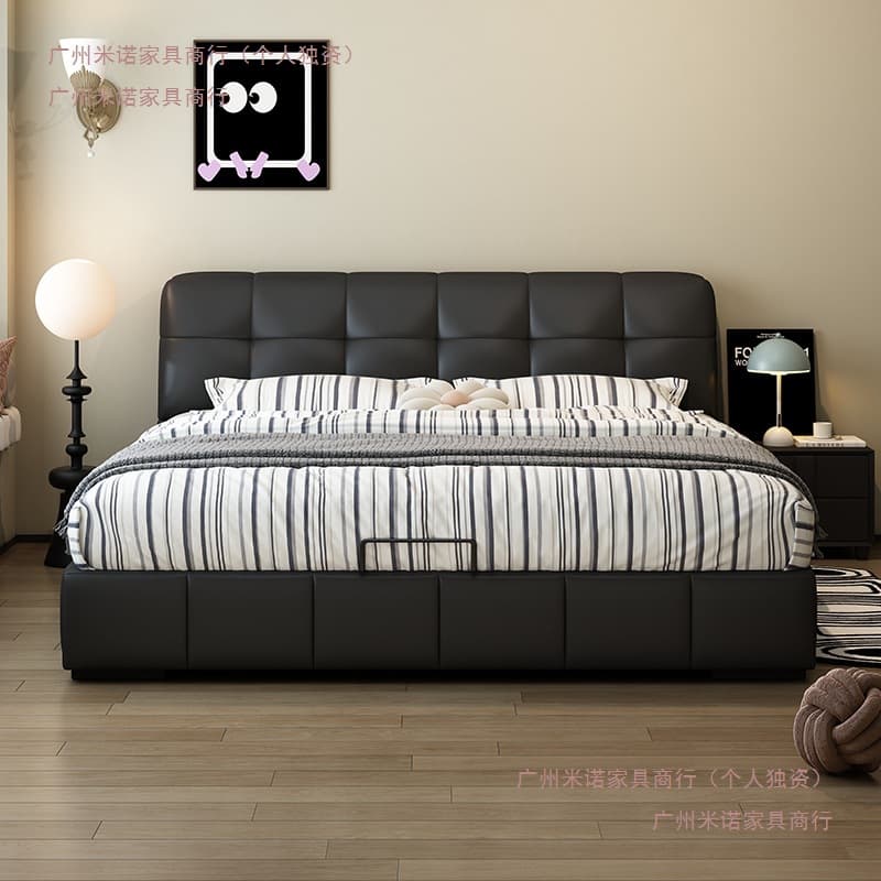 Modern simple Italian black puff bed leather small apartment storage bed double bed wedding bed leather art bed large bed 3
