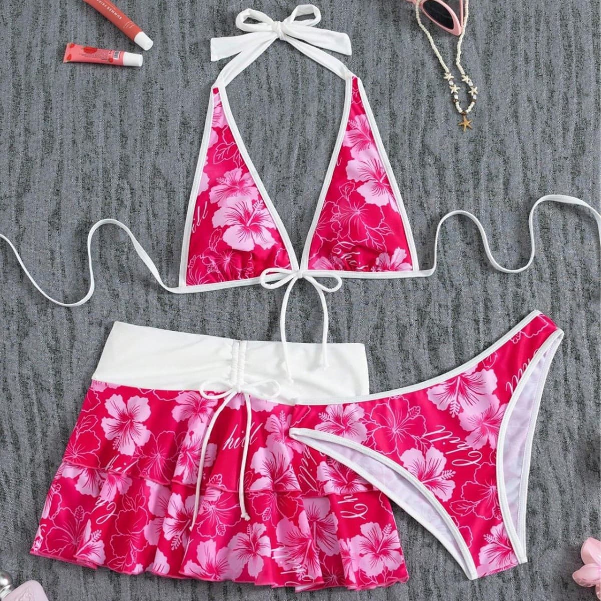 Fuchsia set, swimwear, European style, 3 piece set 2