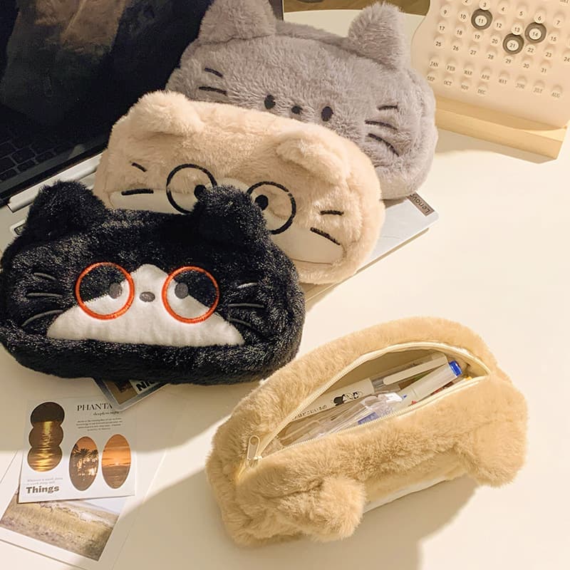 Cute glasses, plush capacious pencil case, school storage bag, kitten, Birthday gift 3